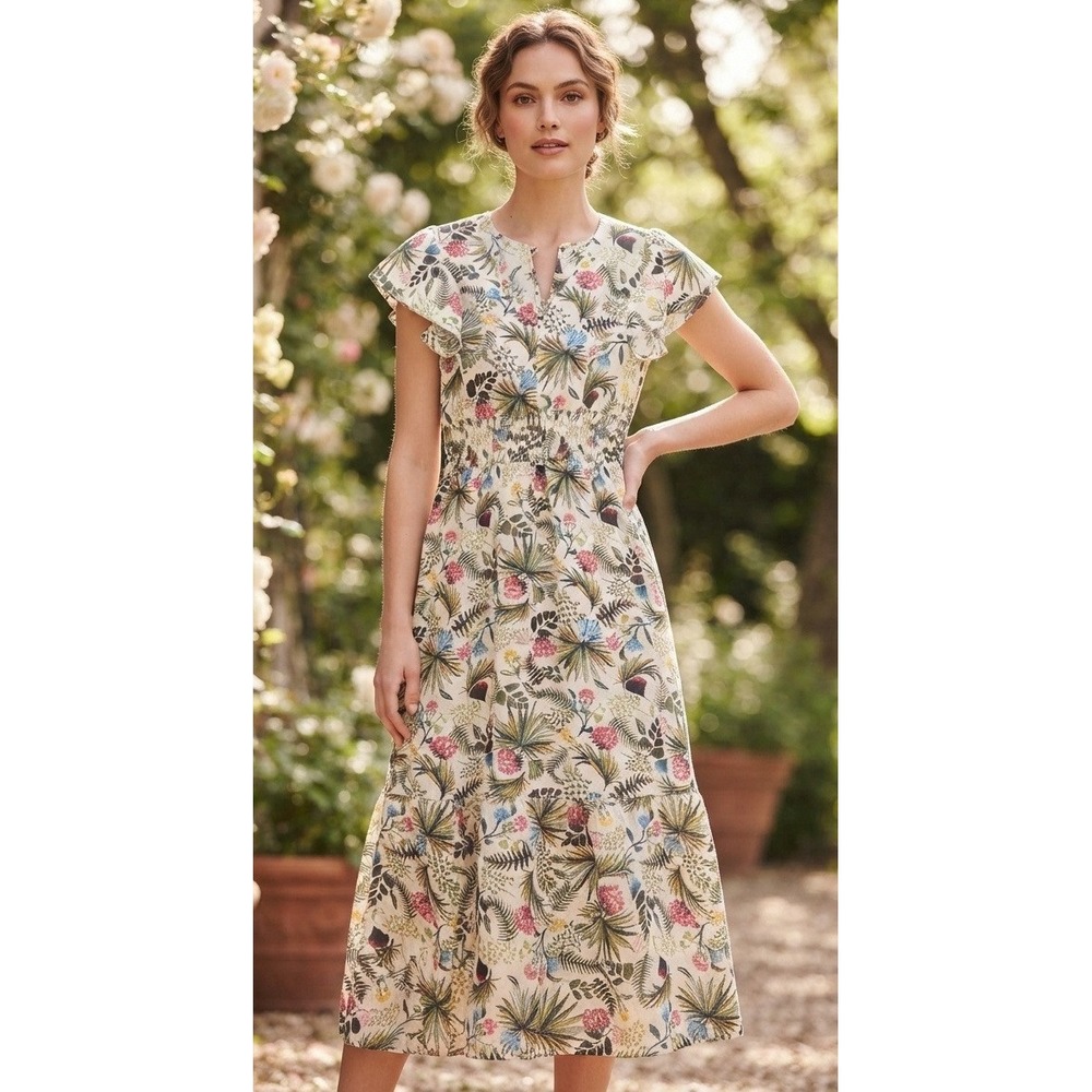 Melrose and Market Tropical Floral Midi Dress Size M White Summer Boho Cottage